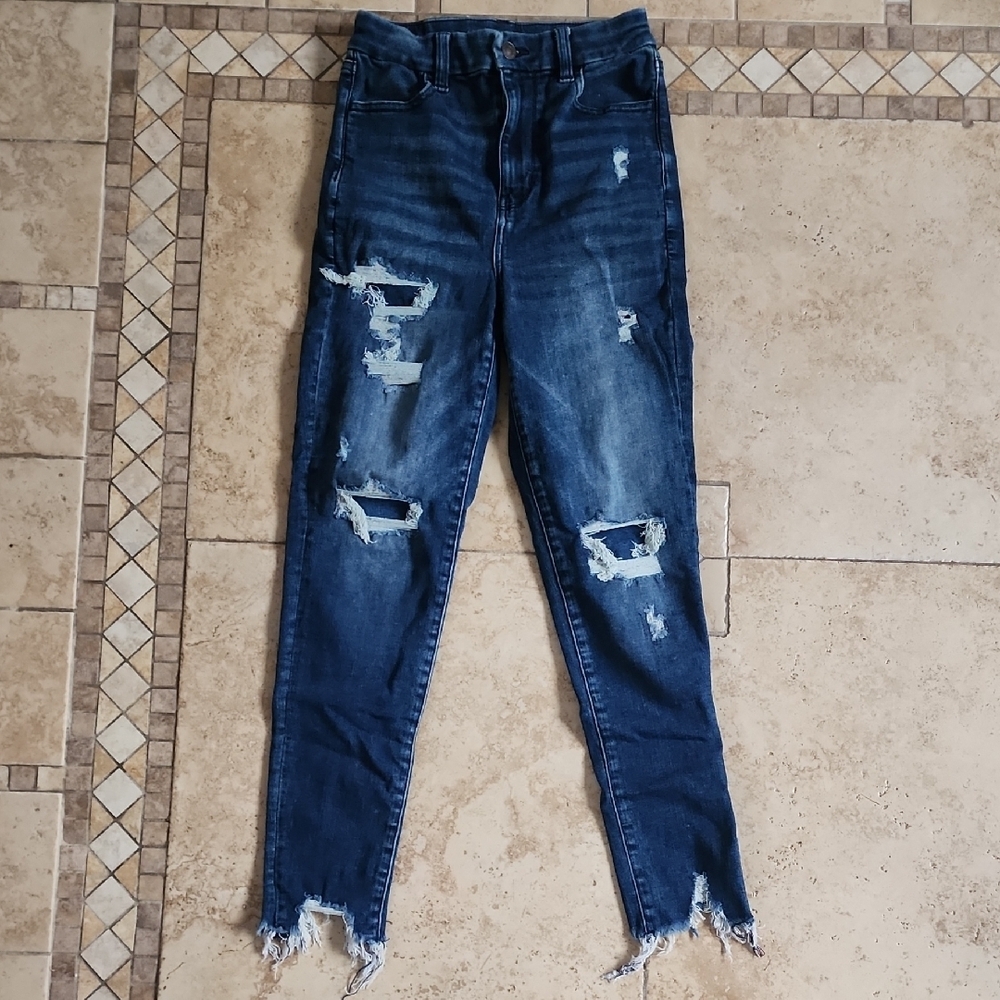 American Eagle Outfitters Dark Blue Curvy Hi Rise Distressed Skinny Jeans